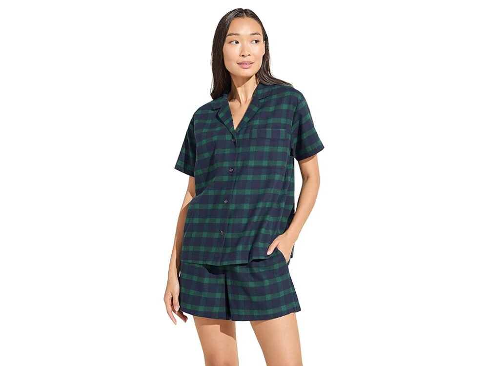 Eberjey Flannel Short Holiday Cotton Plaid Pajama Set Navy/Green Medium